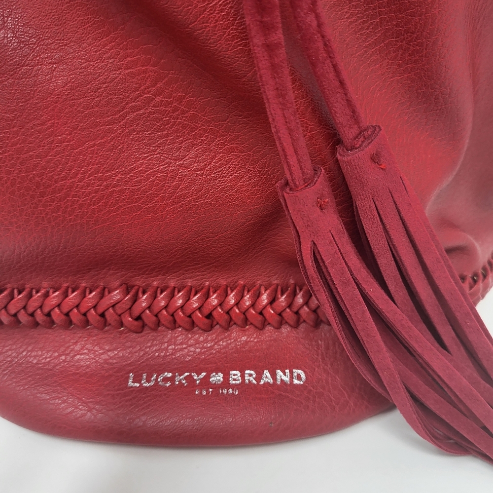 Lucky Brand Crossbody Bucket Bag Tassel Braided Red Faux Leather - Picture 2 of 11
